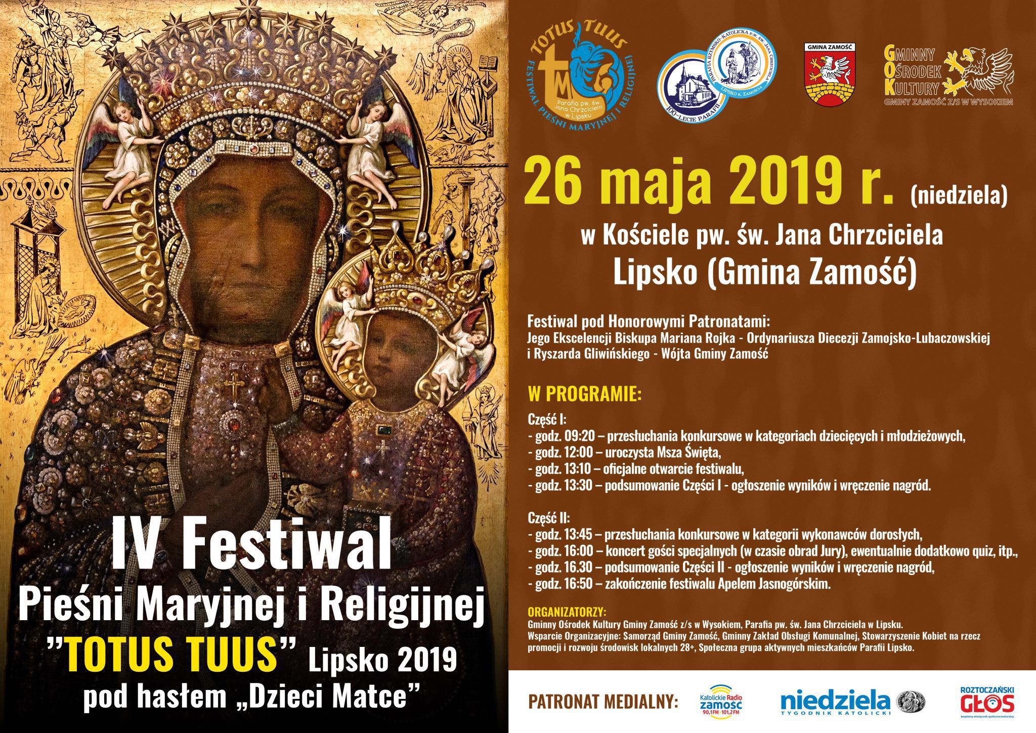 plakat festiwal maryjny lipsko 2019 Przed nami IV Festiwal Pieśni Maryjnej i Religijnej ”TOTUS TUUS