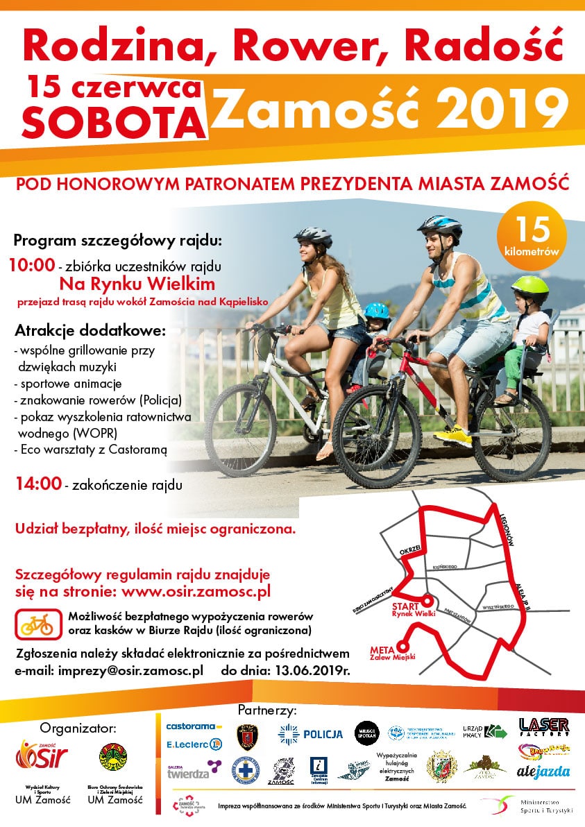 plakat rodzina rower radosc zamosc 2019 OSiR zaprasza na rodzinny wypad rowerowy