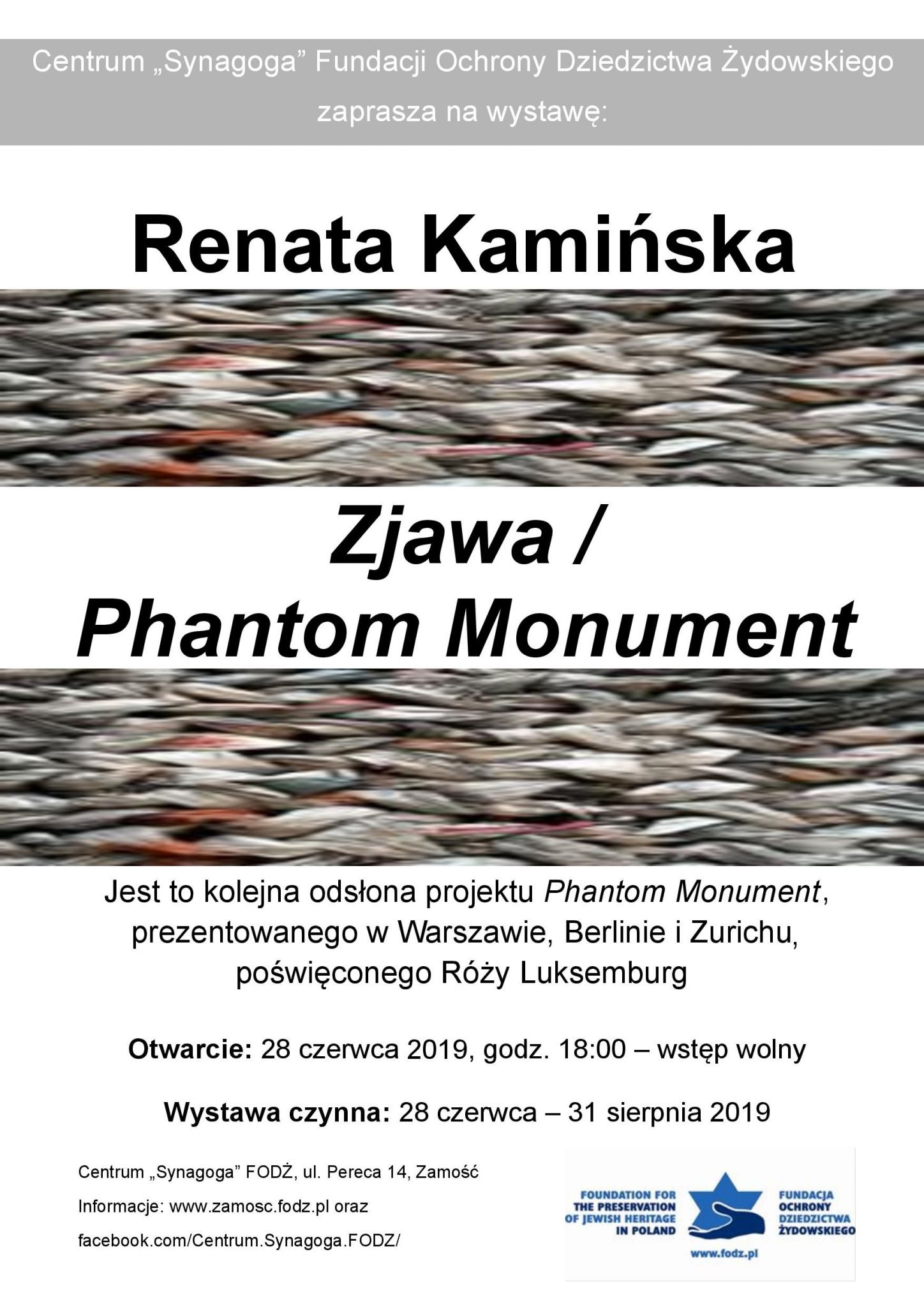 plakat "Zjawa/ Phantom Monument" - wystawa Renaty Kamińskiej w Centrum "Synagoga"