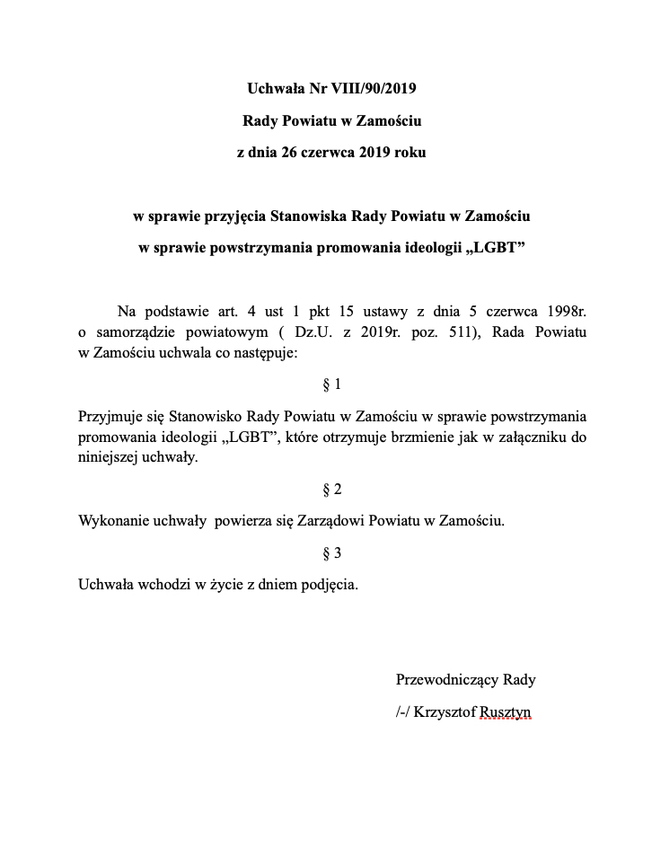 zrzut ekranu 2019 06 28 o 14 33 13 Radni Powiatu Zamojskiego przeciwni promowaniu ideologii LGBT. Przyjęli stanowisko w tej sprawie