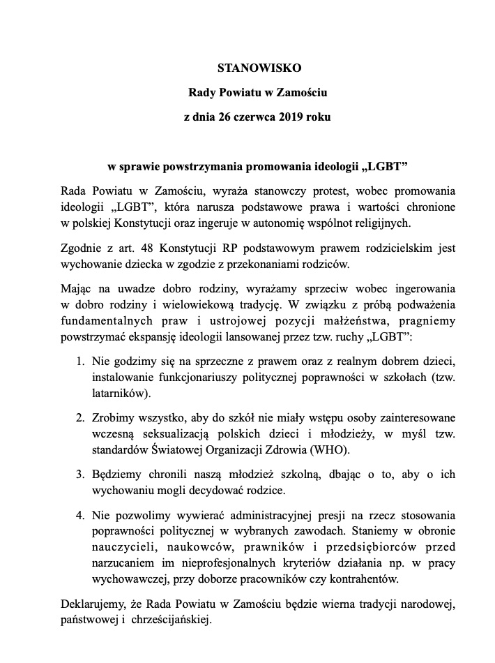 zrzut ekranu 2019 06 28 o 14 33 46 1 Radni Powiatu Zamojskiego przeciwni promowaniu ideologii LGBT. Przyjęli stanowisko w tej sprawie