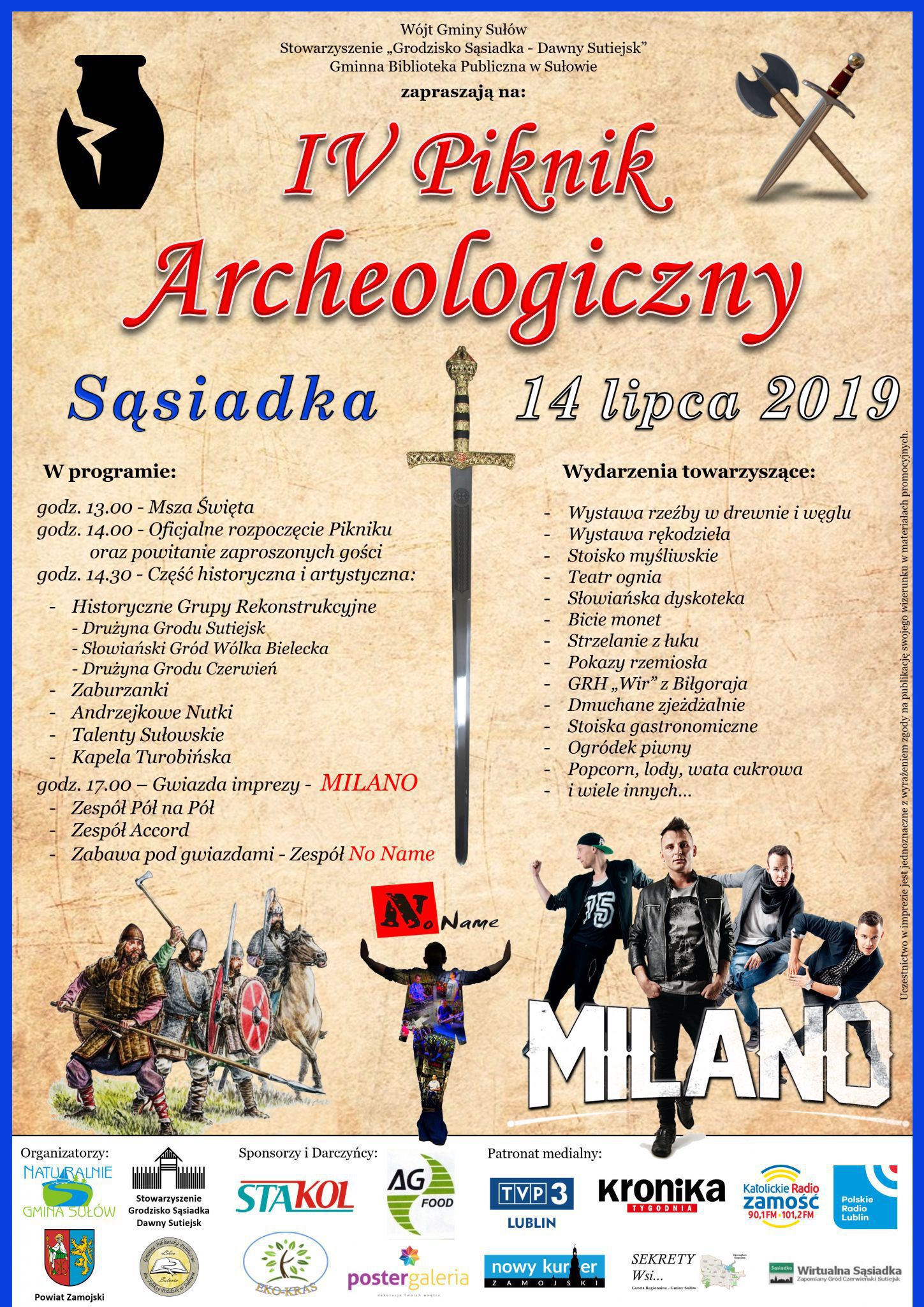 plakat sasiadka 2019 Gm. Sułów: Piknik Archeologiczny w Sąsiadce. Gwiazdą imprezy będzie zespół Milano