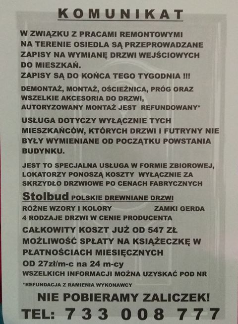 Zamość: Uwaga na oszustów oferujących wymianę drzwi!