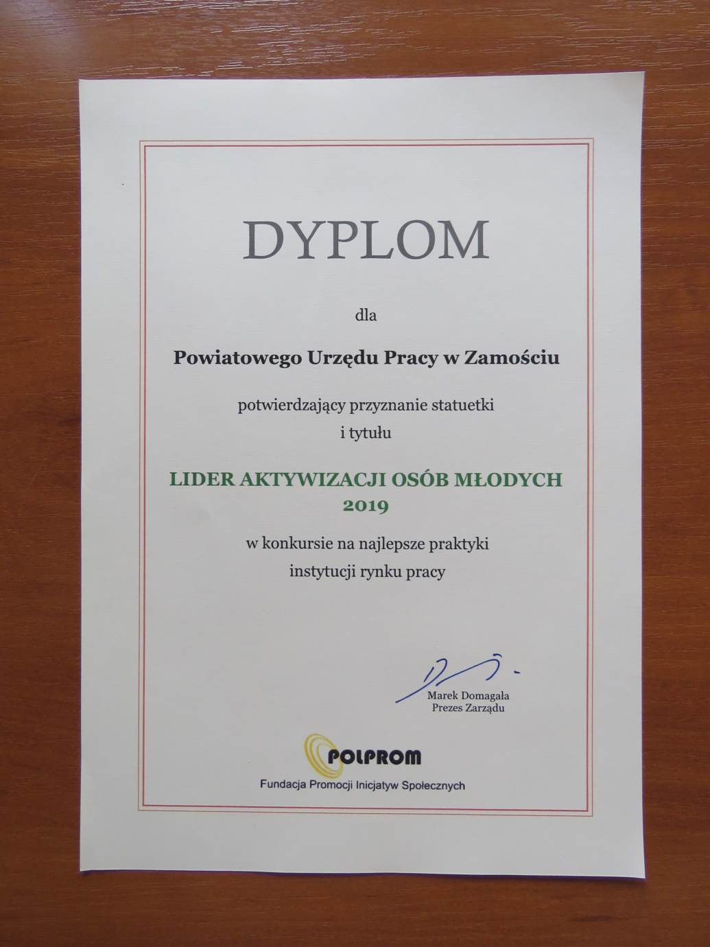 dyplom lidera aktywizacji osob mlodych Nagroda dla PUP Zamość