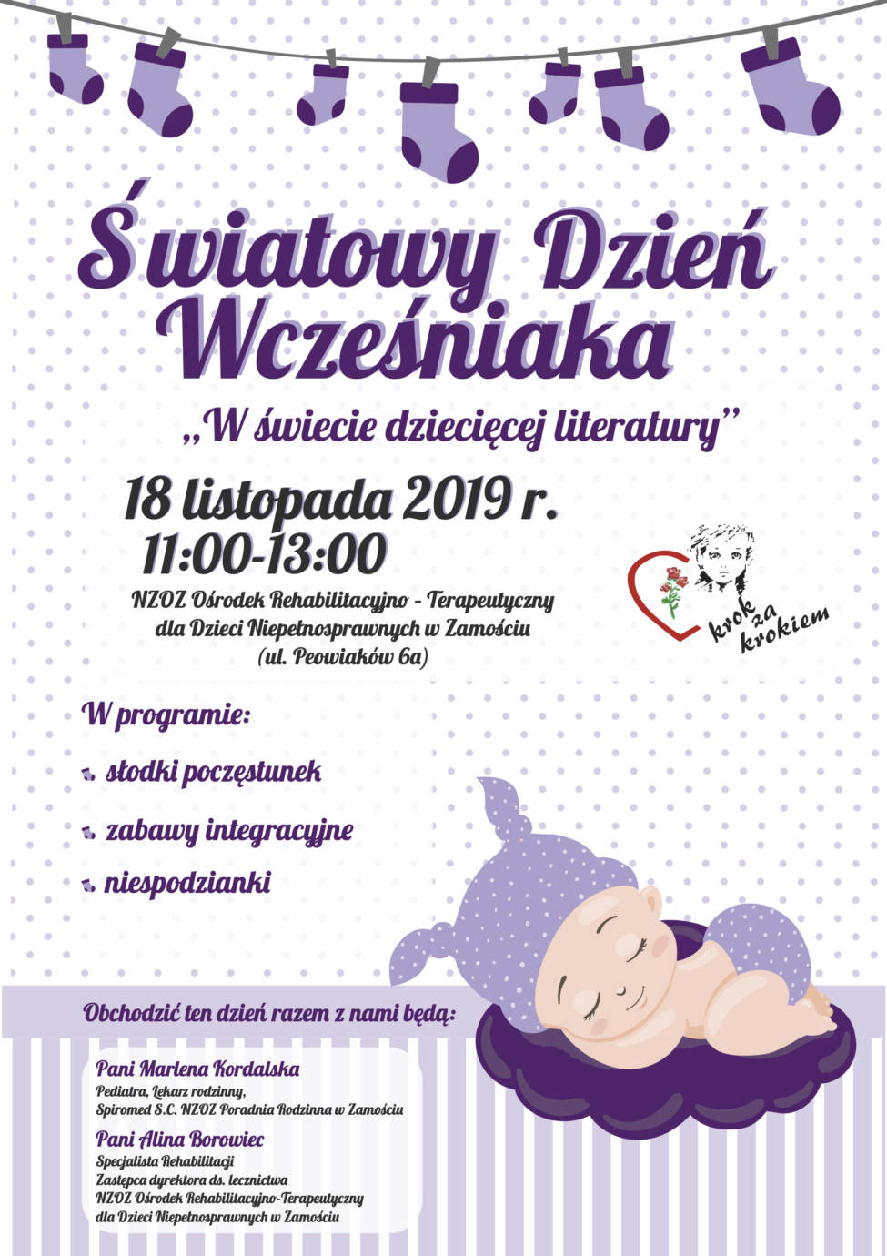 plakat dzien wczesniaka 2019 Ratusz rozbłyśnie na fioletowo. Obchody Światowego Dnia Wcześniaka w Zamościu