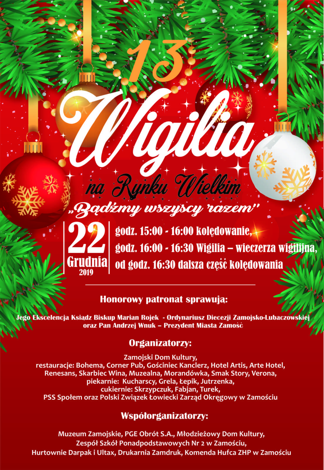 9632 plakat wigilia na rynku wielkim scaled Wigilia na Rynku Wielkim w Zamościu. Będzie koncert kolęd i wigilijny poczęstunek [PROGRAM]