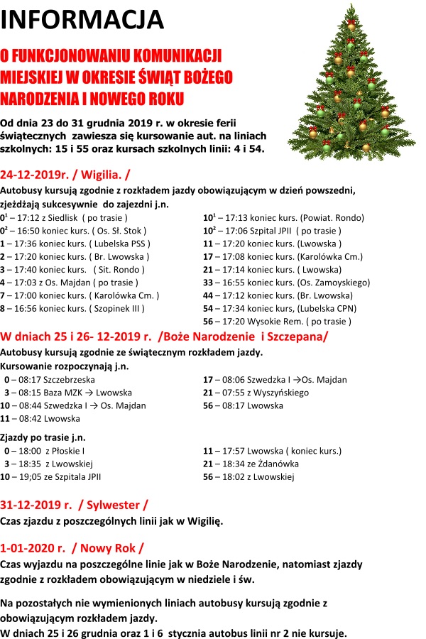 info sw 2019 12 Zamość: Świąteczny rozkład MZK