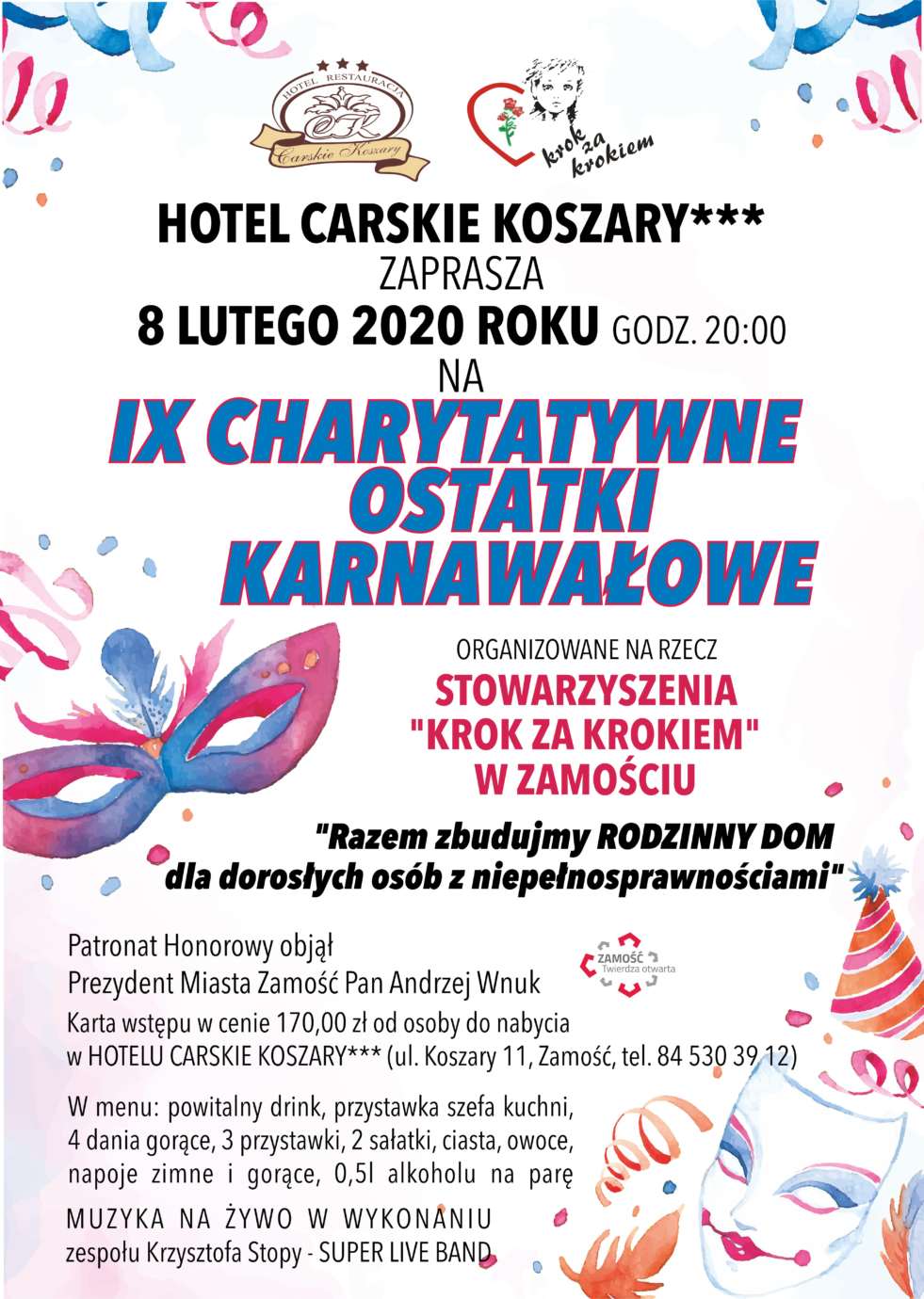 plakat ostatki 2020 luty Zamość: Charytatywne Ostatki Karnawałowe. Wspaniała zabawa i szczytny cel