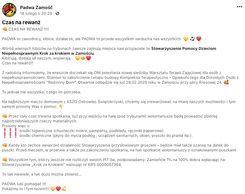 screenshot, źródło: Padwa Zamość/Facebook