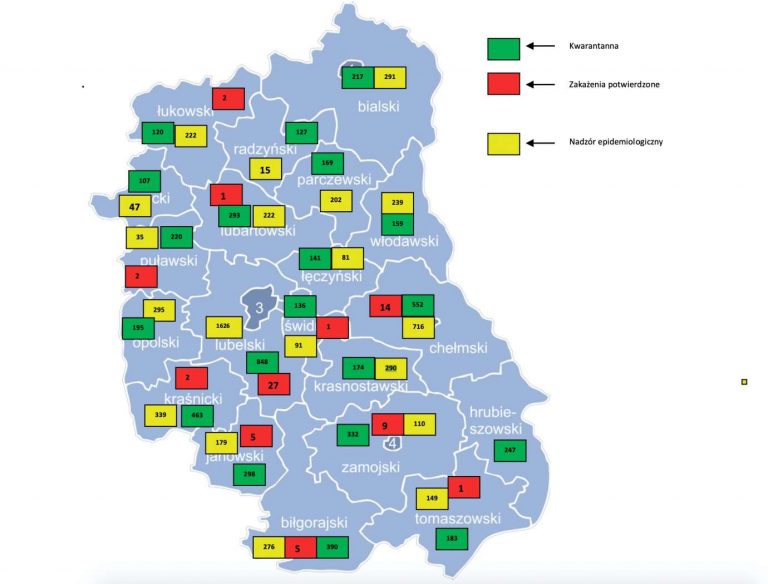 MAPA. Na dzień 27 marca, na terenie woj. lubelskiego mamy 77 przypadków zakażenia koronawirusem. 2 osoby zmarłe.