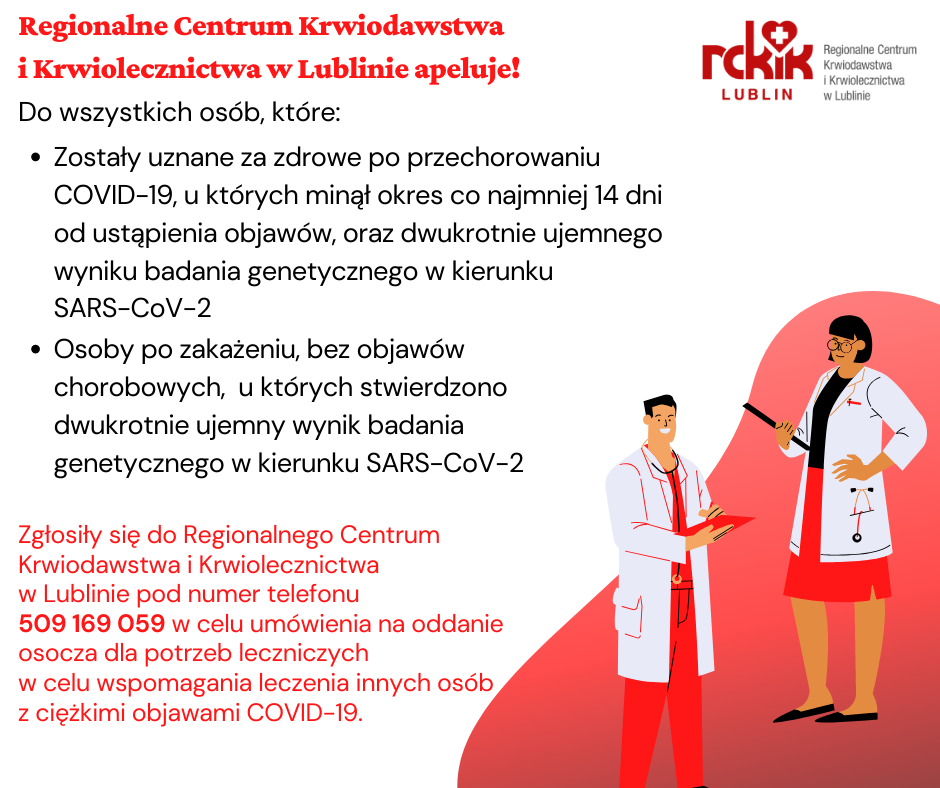 apel rckik covid 19 1 RCKiK w Lublinie apeluje do osób, które zwalczyły koronawirusa o oddawanie osocza