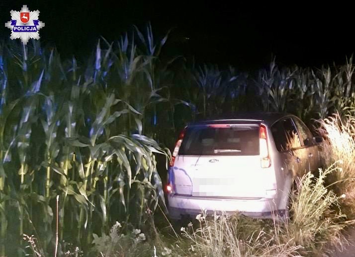 W czasie pościgu przesiadł się na siedzenie pasażera a auto skończyło w kukurydzy.