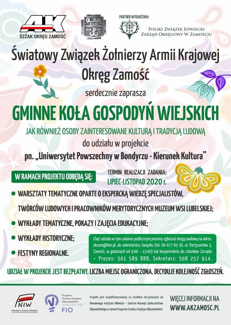 ŚZŻAK Okręg Zamość zaprasza do udziału w projekcie pn. „Uniwersytet Powszechny w Bondyrzu – Kierunek Kultura”