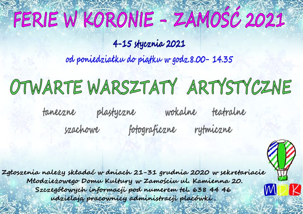 ferie 980x694 1 MDK Zamość zaprasza na "Ferie w koronie"