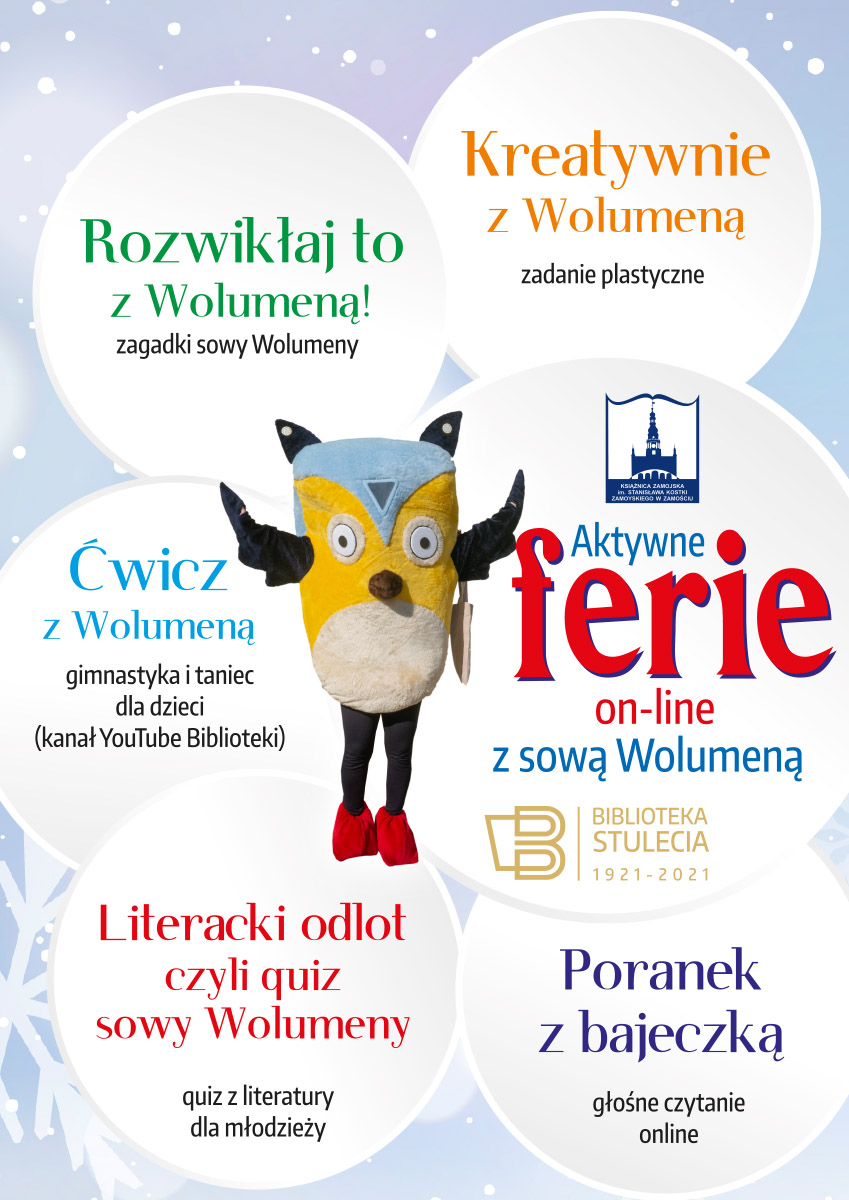 ferie plakat 04 Książnica Zamojska zaprasza na Aktywne ferie on-line z sową Wolumeną.