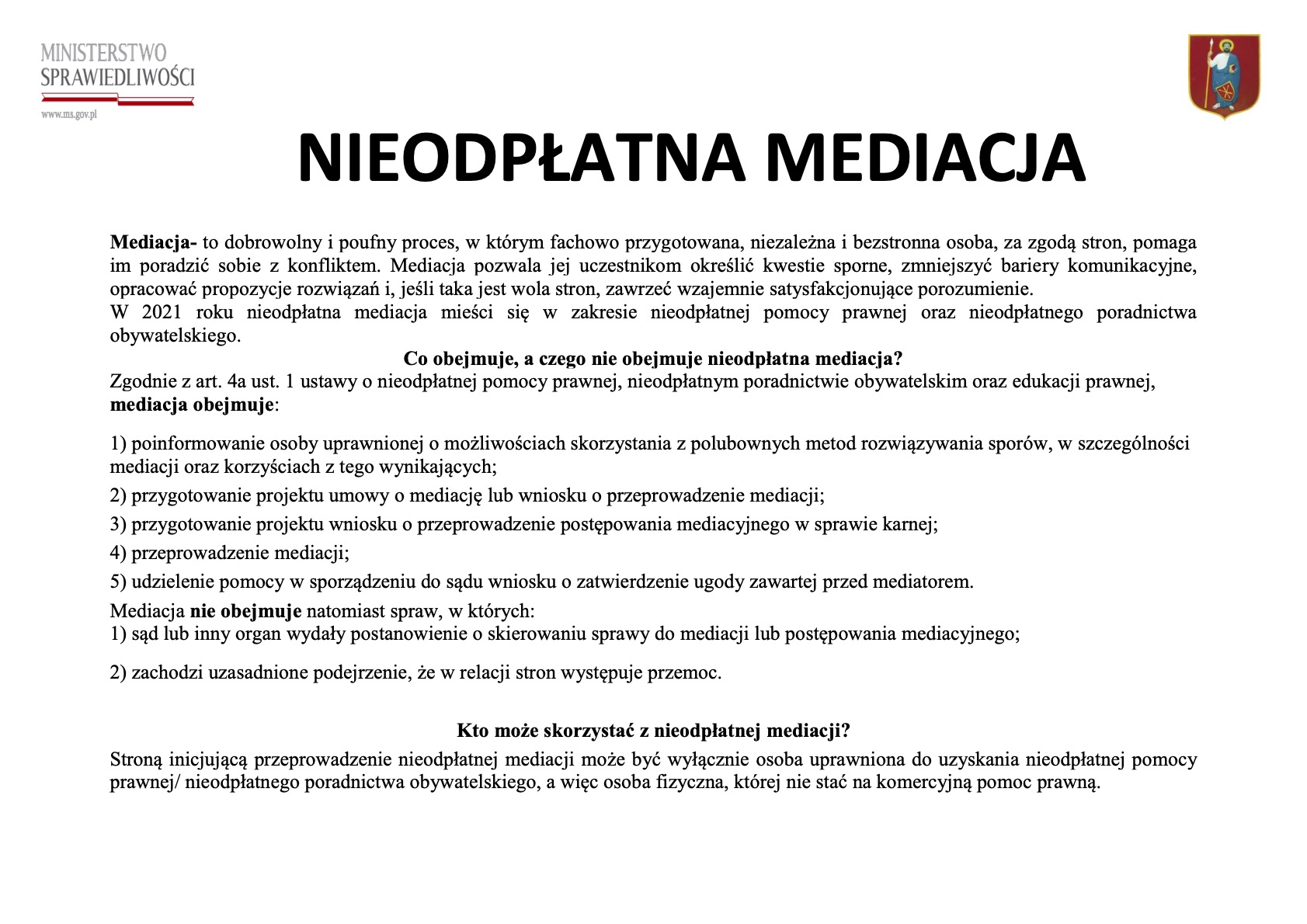 nieodplatna mediacja plakat informacyjny ZAMOŚĆ: Porady prawne tylko z wykorzystaniem środków porozumiewania się na odległość