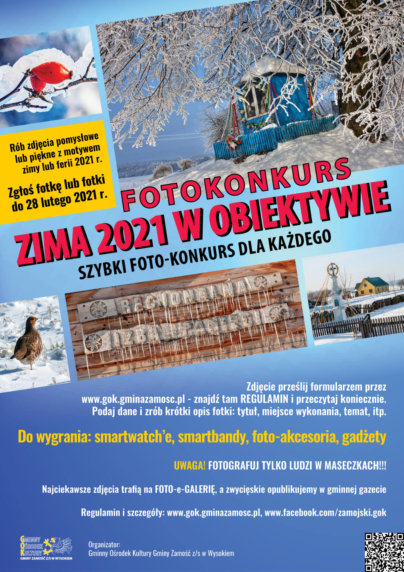 plakat foto konkurs zima 2021 Trwa zimowy foto-konkurs. GOK Gminy Zamość zaprasza do zabawy!