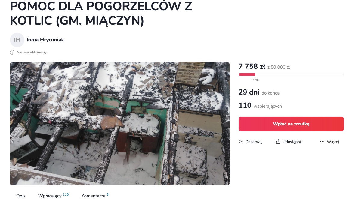 zrzut ekranu 2021 02 9 o 130046 Rodzina z gm. Miączyn straciła w pożarze dach nad głową. POTRZEBNA POMOC!