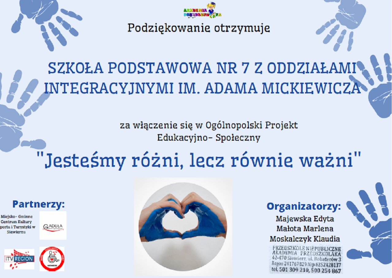 certfy podziek „Jesteśmy różni, lecz równie ważni”. Projekt SP nr 7 w Zamościu