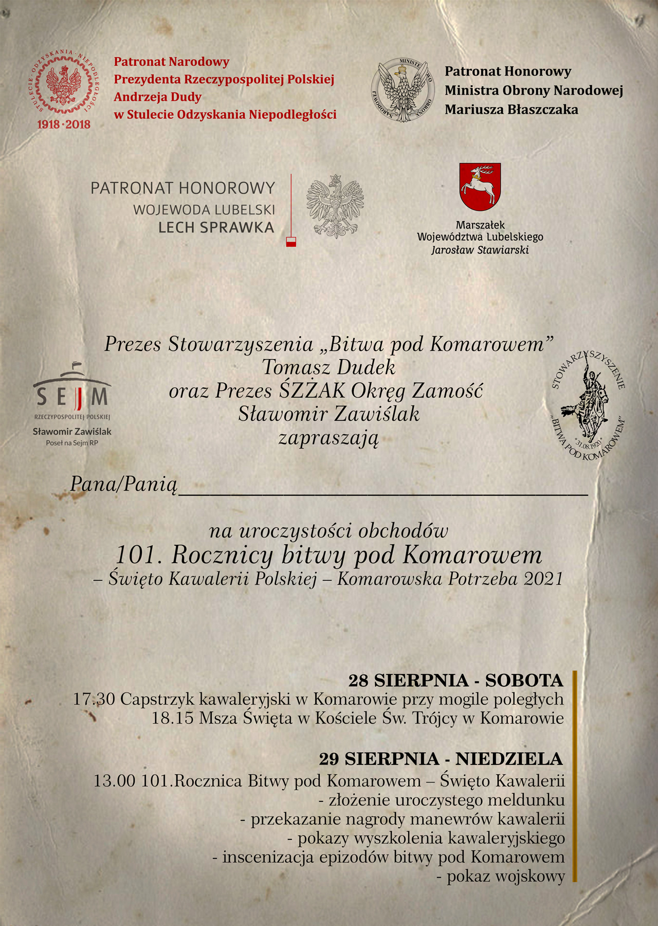 komarow 2021 zaproszenie1 ost Zbliża się 101. rocznica Bitwy pod Komarowem. Jak postepują prace przy budowie pomnika bitwy?