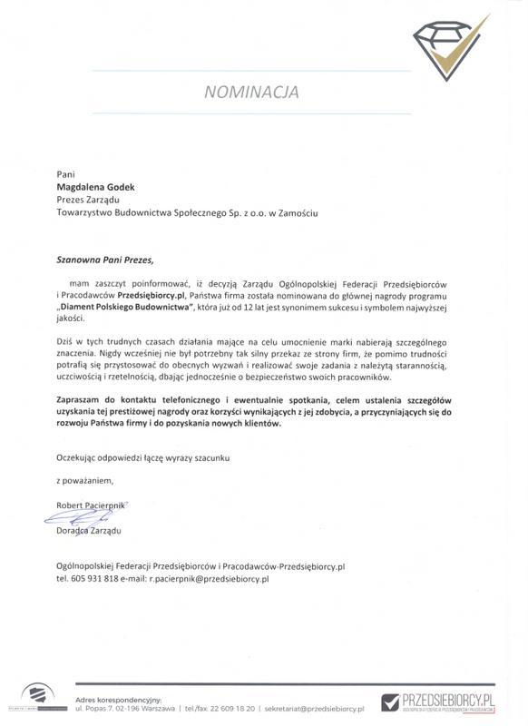 nominacja do nagrody diamenty polskiej gospodarki Nominacja dla zamojskiego TBSu w kategorii Diamenty Polskiej Gospodarki