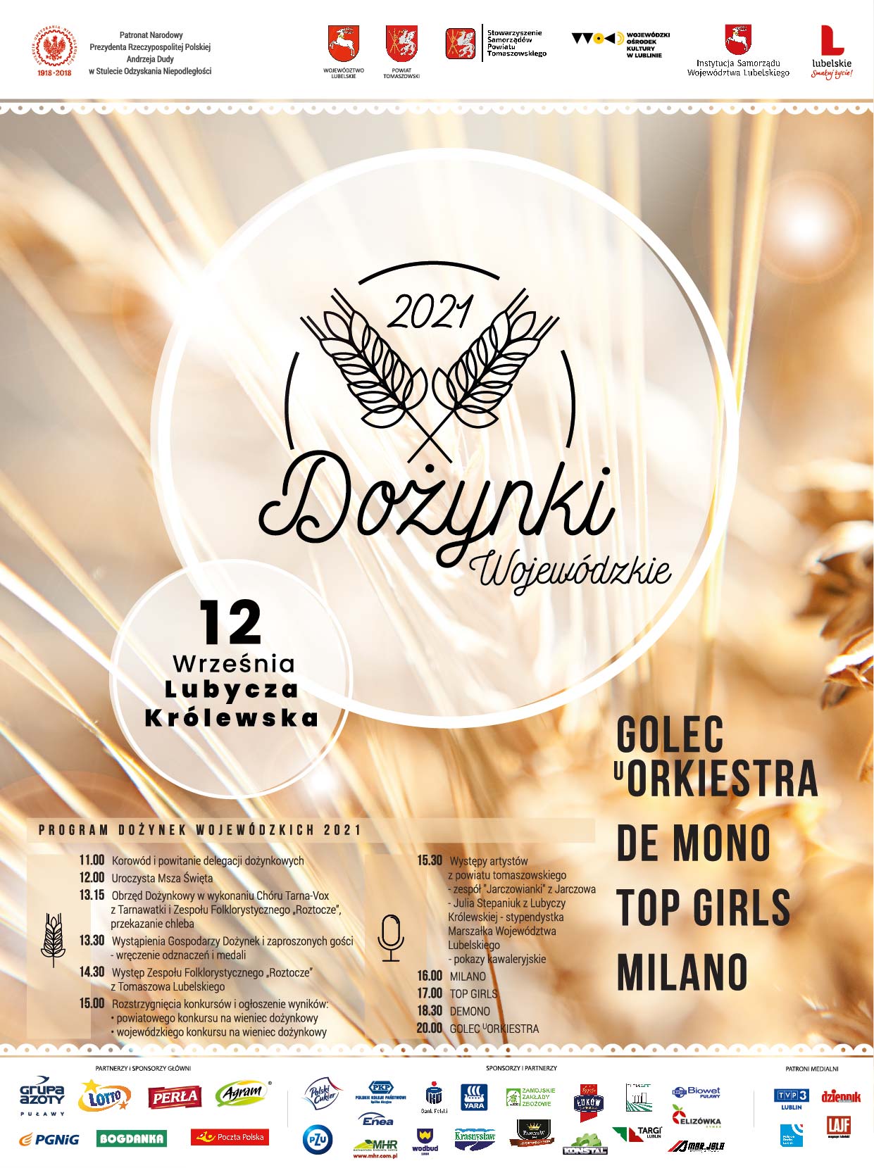 plakat dozynkowy 2021 Golec uOrkiestra gwiazdą Dożynek Wojewódzkich w Lubyczy Królewskiej