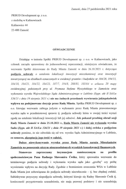 1 1 PRBUD: zaprzeczamy insynuacjom Pana Radnego Sławomira Ćwika