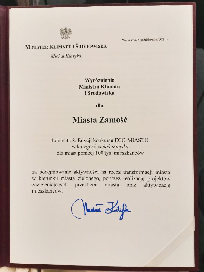 12889b Miasto Zamość laureatem konkursu ECO-MIASTO