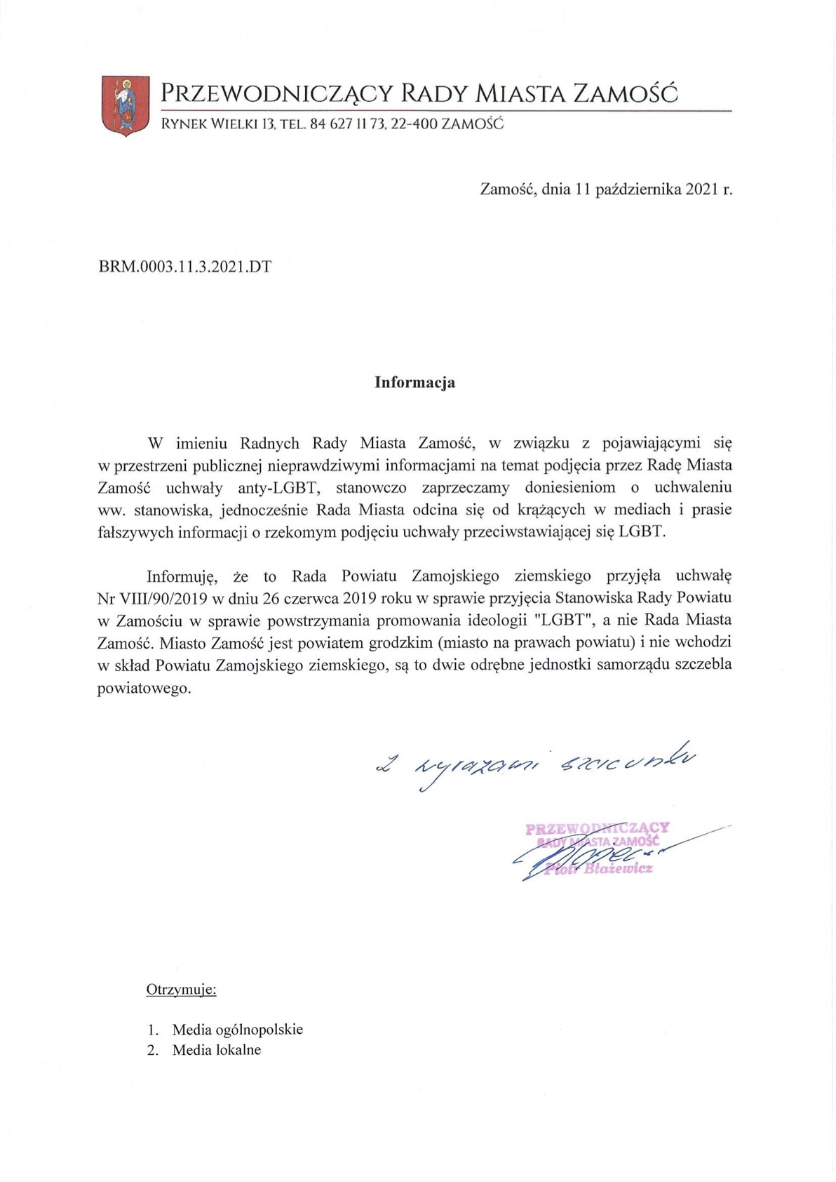 informacja Rada Miasta Zamość stanowczo: 