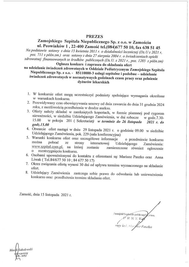 6677b Zamojski Szpital Niepubliczny poszukuje pediatrów - ogłosił konkurs ofert