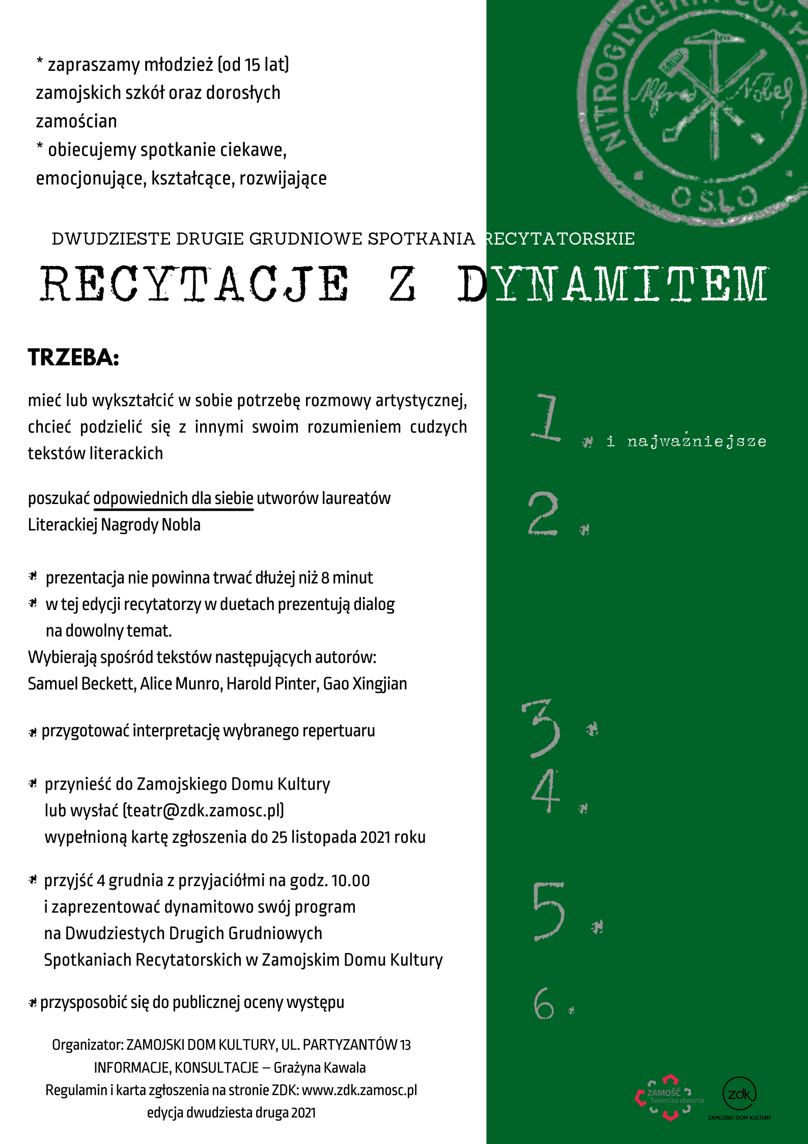 recytacje z dynamitem plakat ZAMOŚĆ: "Recytacje z dynamitem" dla młodzieży i dorosłych