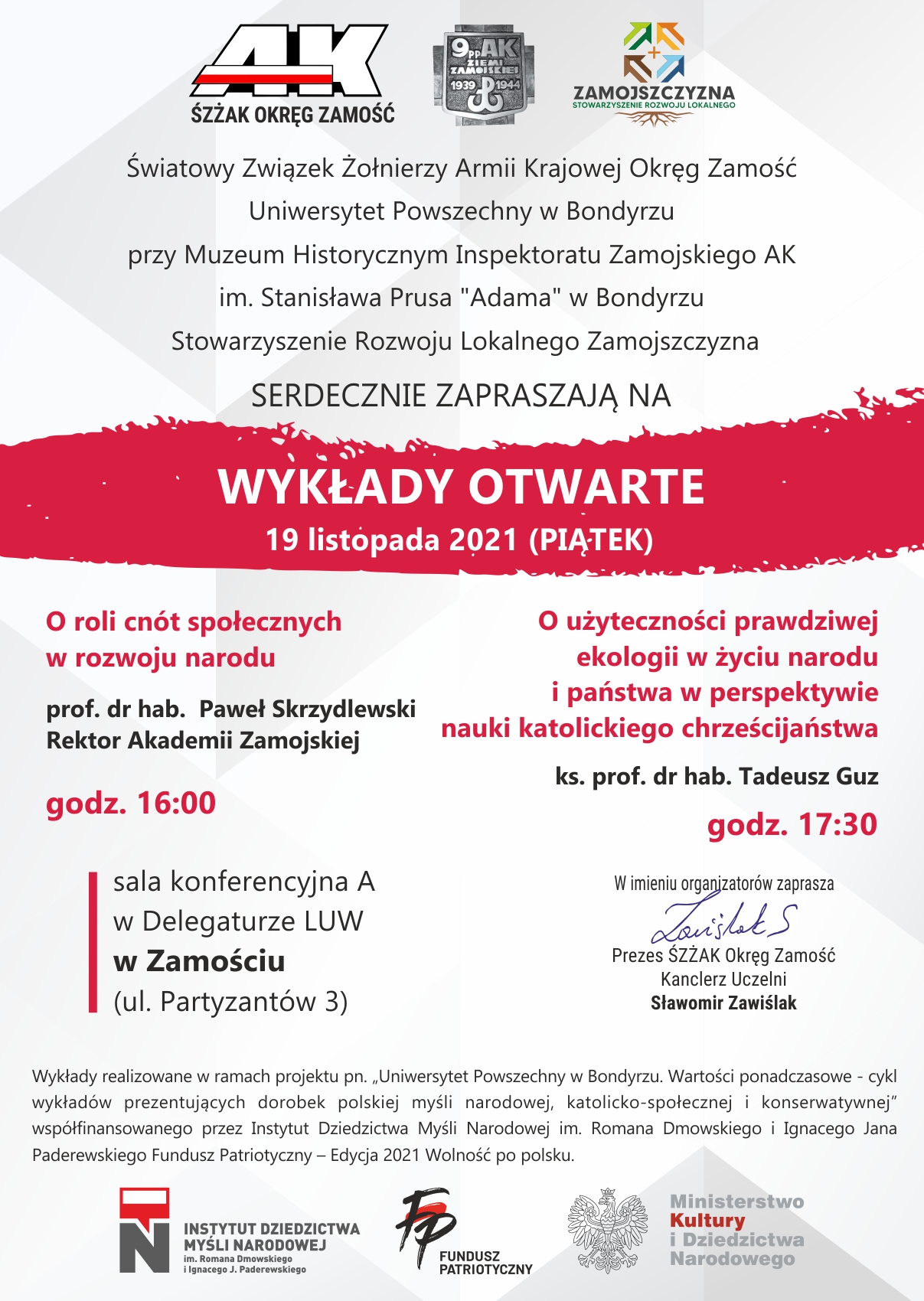 wyklad 19 11 2021 Zaproszenie na wykłady prof. dr. hab. Pawła Skrzydlewskiego oraz ks. prof. dr. hab. Tadeusza Guza