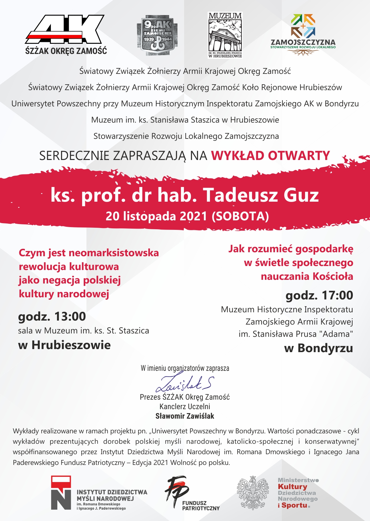 wyklad 20 11 2021 Zaproszenie na wykłady prof. dr. hab. Pawła Skrzydlewskiego oraz ks. prof. dr. hab. Tadeusza Guza