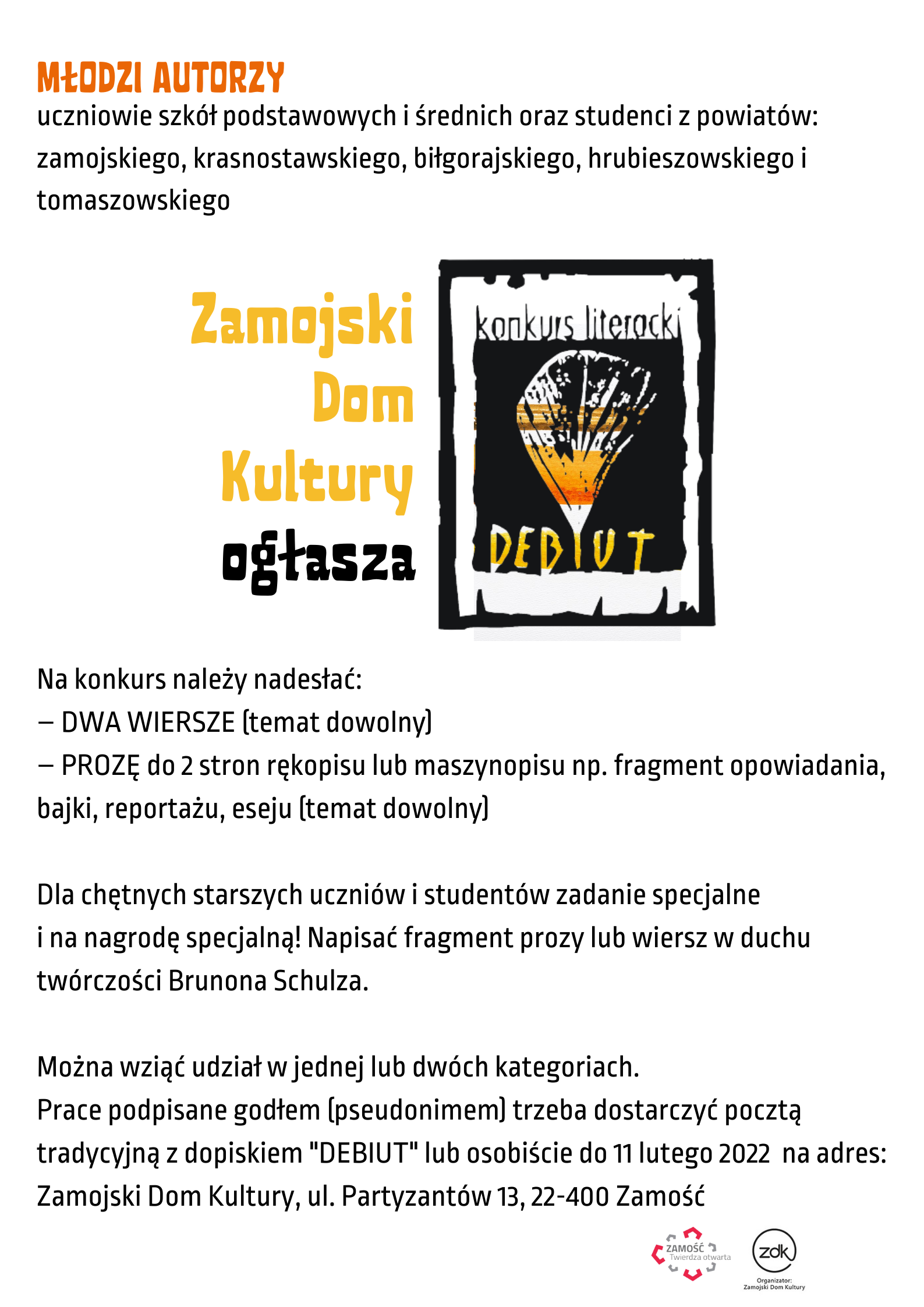 debiut plakat Konkurs literacki dla młodych piszących