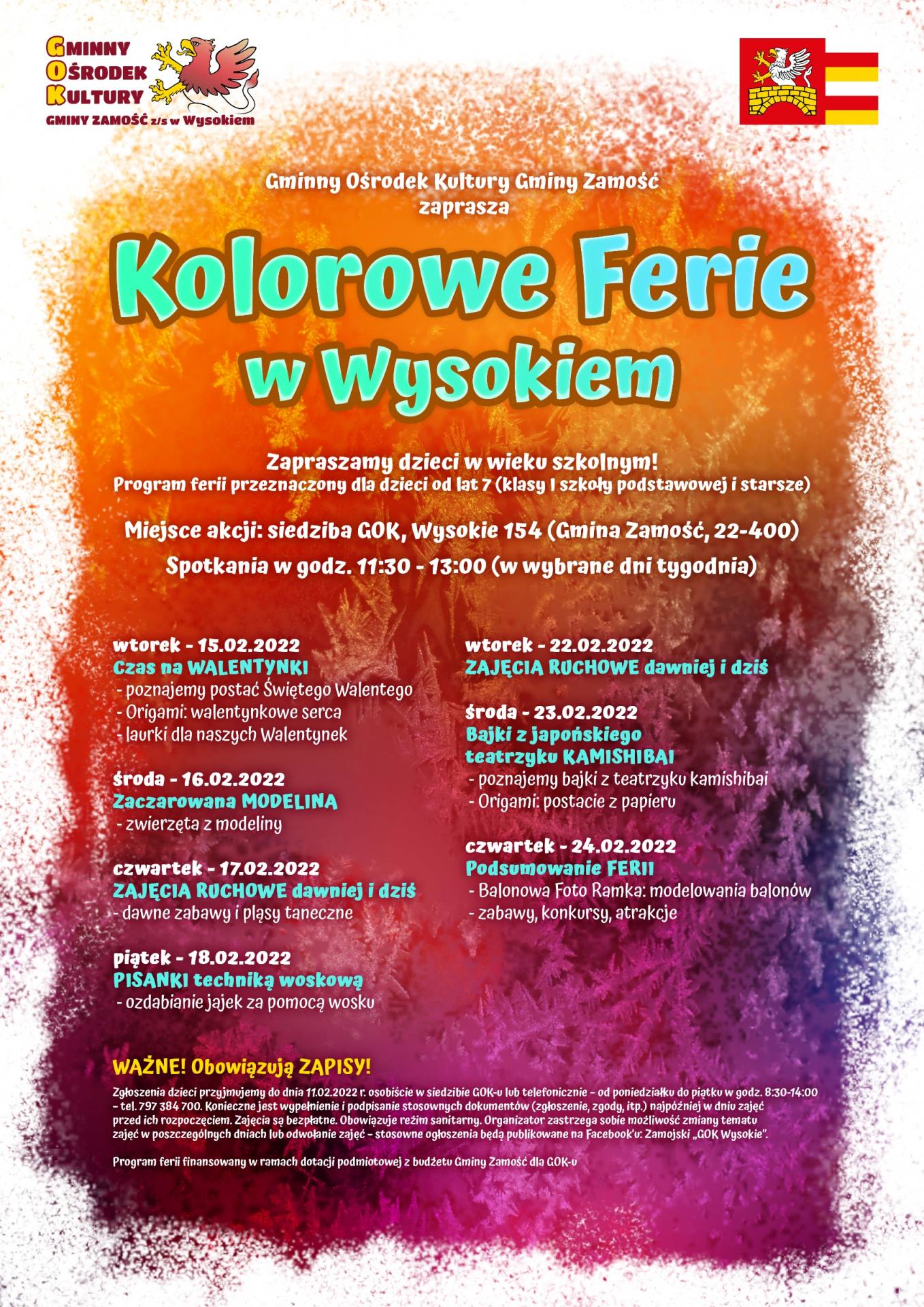 plakat kolorowe ferie 2022imageoptim GM. ZAMOŚĆ: Kolorowe Ferie w Wysokiem