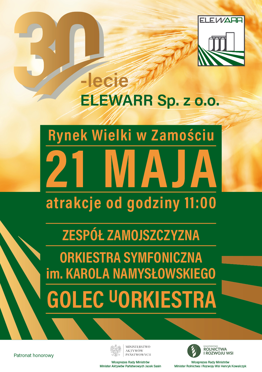 plakat 30 lat elewarr www Golec uOrkiestra, koncert piosenek z filmów Disneya i inne atrakcje na Rynku Wielkim w Zamościu.