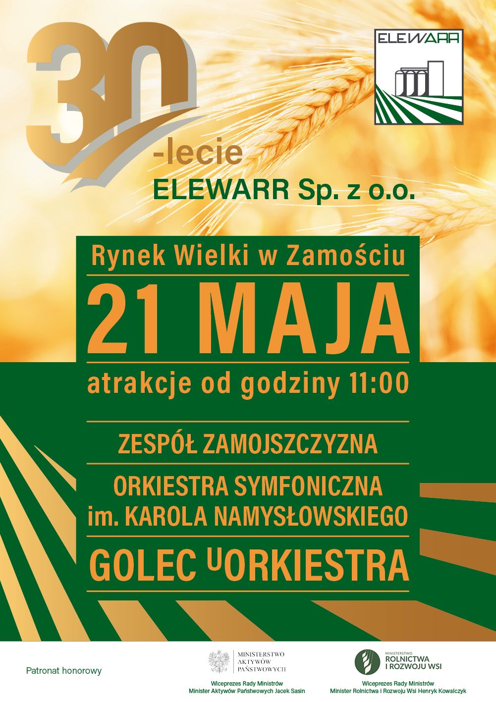 xplakat 30 lat elewarr Koncert Golec uOrkiestra, Zamojszczyzna i Namysłowiaków na 30-lecie ELEWARU