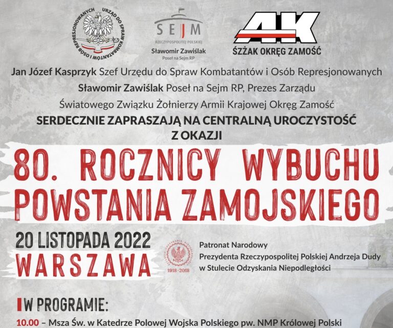 Zaproszenie do udziału uroczystości z okazji 80. rocznicy wybuchu Powstania Zamojskiego