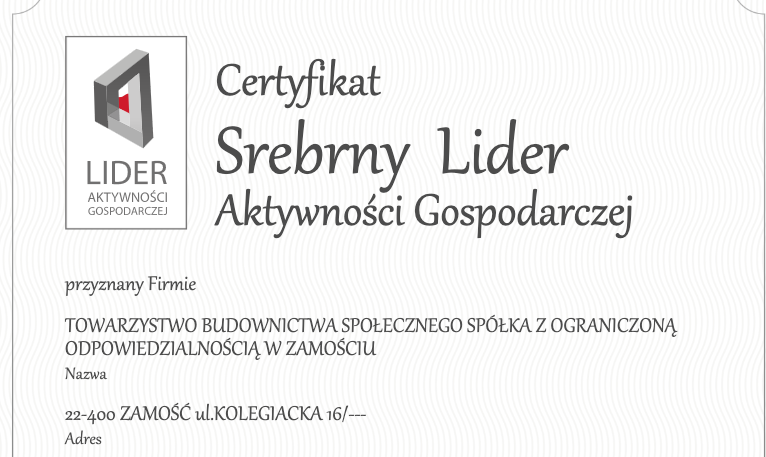 Srebrny Certyfikat Lidera Aktywności Gospodarczej dla TBS w Zamościu