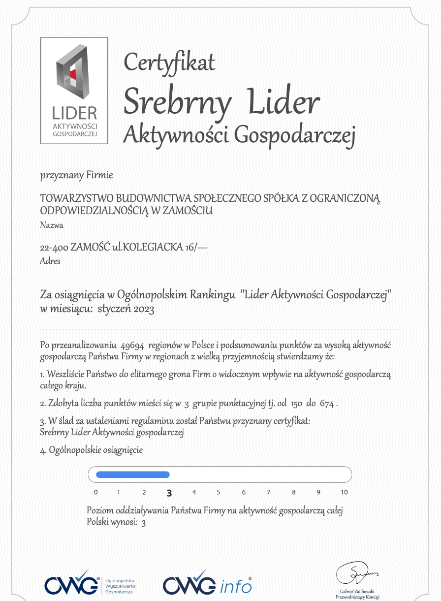 zrzut ekranu 2023 02 22 o 121443 Srebrny Certyfikat Lidera Aktywności Gospodarczej dla TBS w Zamościu