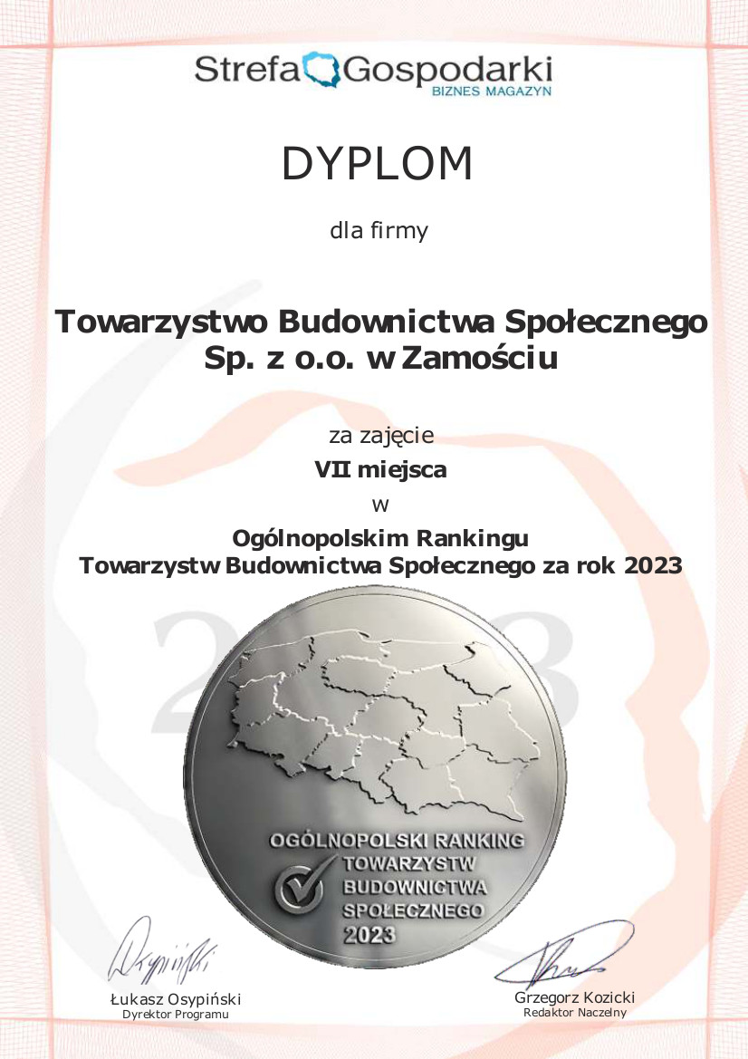 towarzystwo budownictwa spolecznego sp z oo w zamosciu dyplom Zamojski TBS ponownie nagrodzony