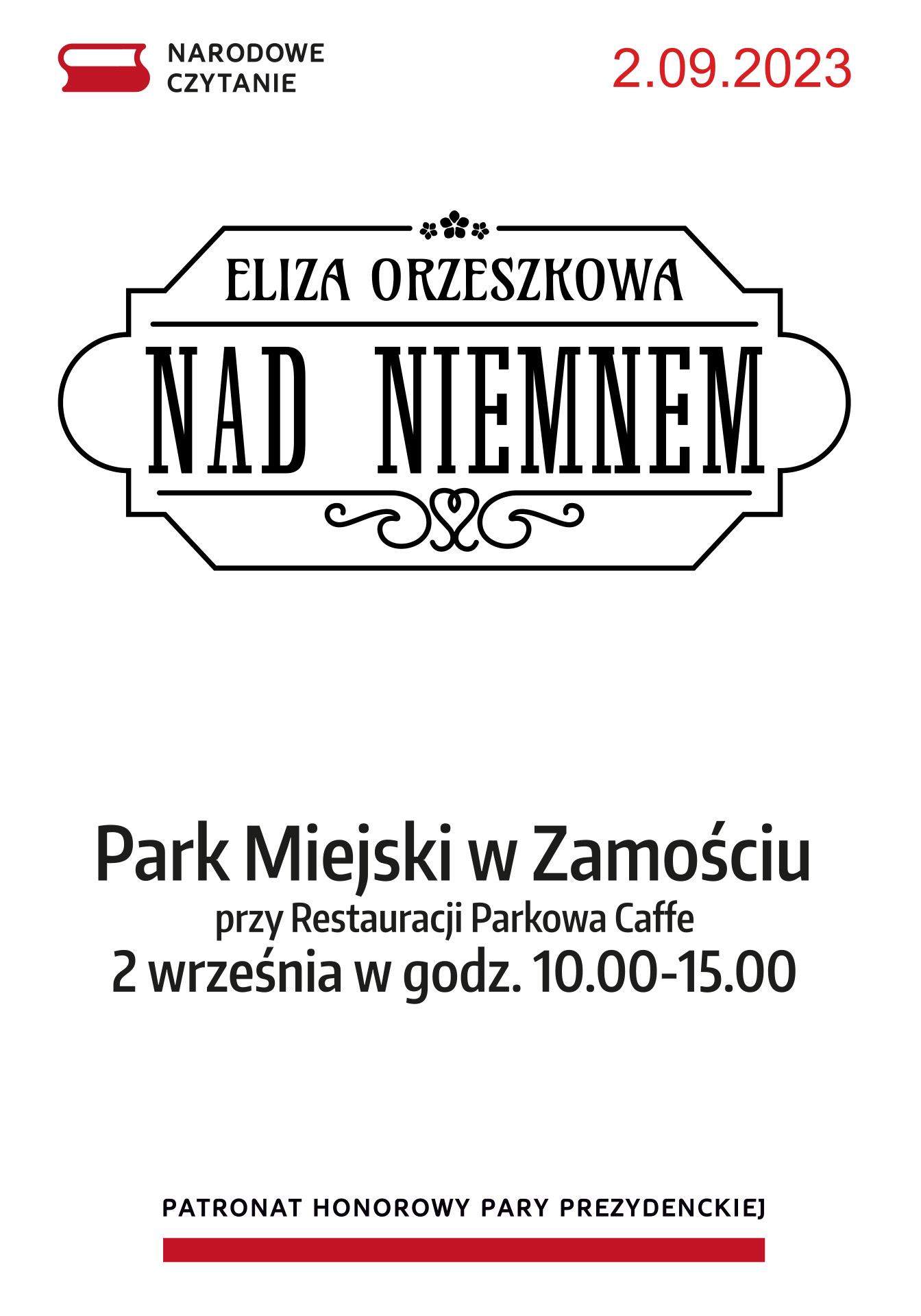 narodowe czytanie 2023 02 plakat ZAMOŚĆ: "Nad Niemnem" w Parku Miejskim czyli kolejne Narodowe Czytanie