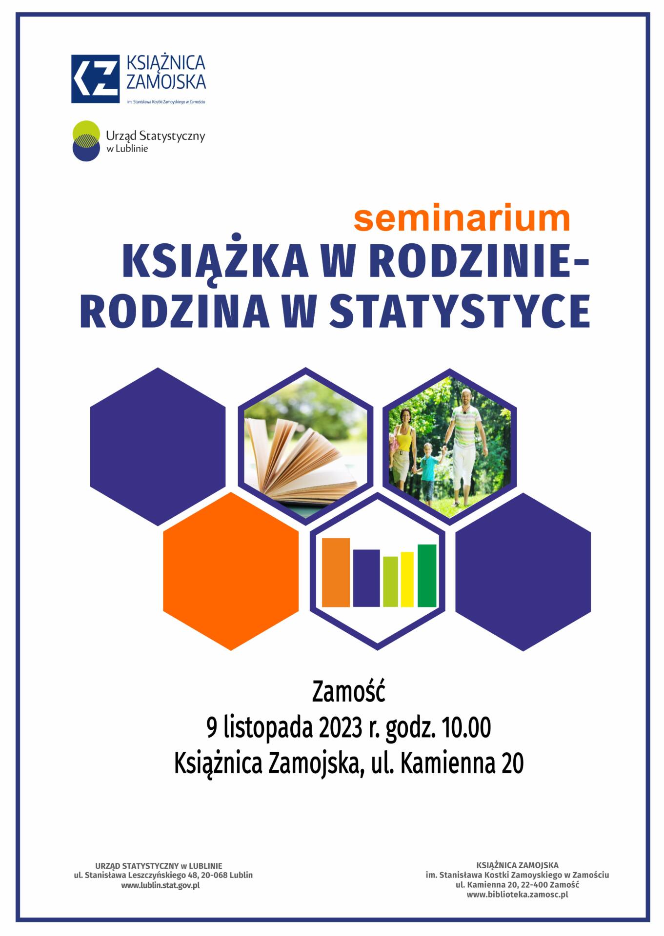 ksiazka w rodzinie rodzina w statystyce plakat seminarium 2023 Książnica Zamojska zaprasza na seminarium 